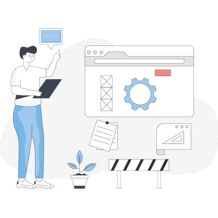 Man stands beside a computer screen displaying a gear icon symbolizing settings or configuration options  Illustration