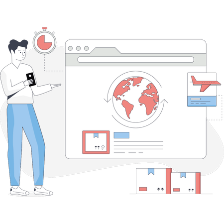 Man stands beside a computer screen displaying a globe indicating a focus on global topics or geography Illustration