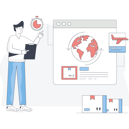 Man stands beside a computer screen displaying a globe indicating a focus on global topics or geography Illustration