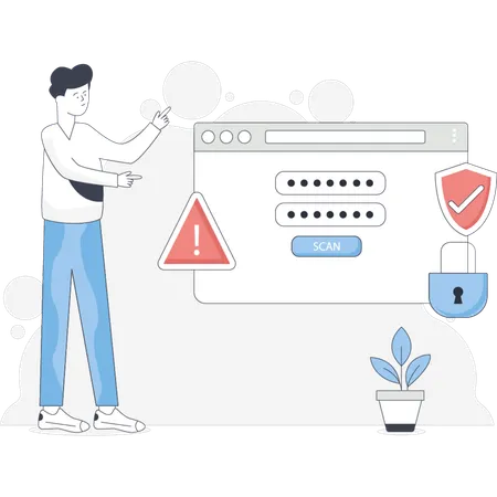 パスワードが表示されているコンピューター画面の横に立つ男性は、表示されている情報に集中している。  イラスト