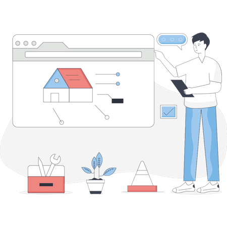 家の画像が表示されているコンピューター画面の横に立つ男性  イラスト
