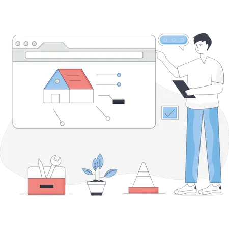 家の画像が表示されているコンピューター画面の横に立つ男性  イラスト