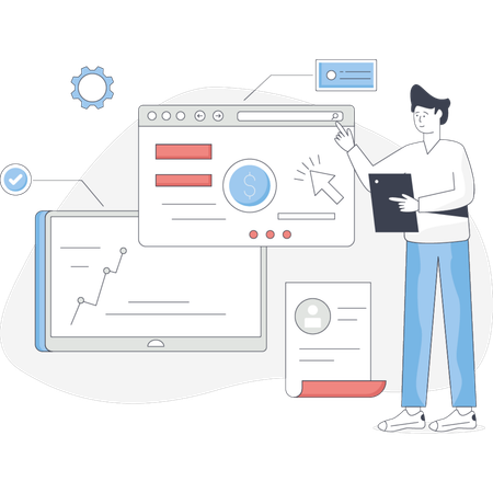 Man stands beside a computer screen displaying various icons engaged in a task or discussion  Illustration