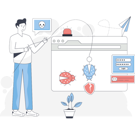 Man stands beside a computer screen with a computer and mouse on the desk in front of him  Illustration