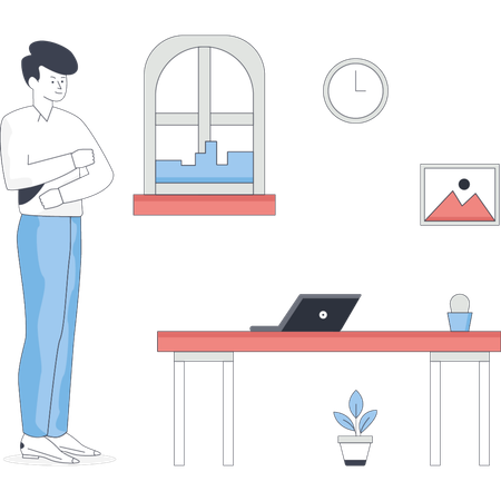 Man stands beside a desk with a laptop focused on his work in a modern office setting  Illustration