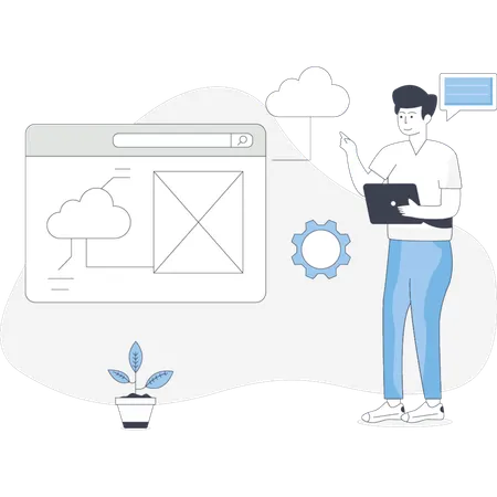 雲が表示されているノートパソコンの横に立つ男性  イラスト