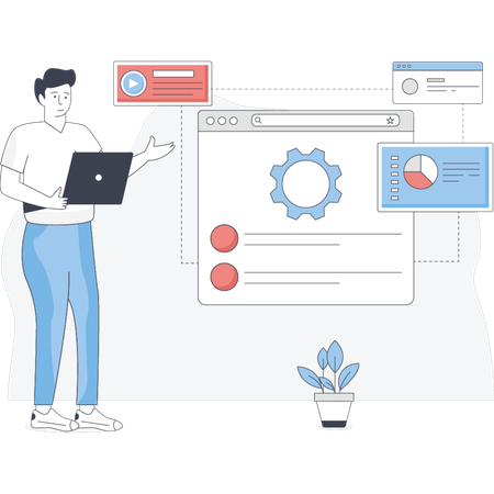 Man stands beside a laptop displaying a web page on its screen engaged in a task or discussion Illustration