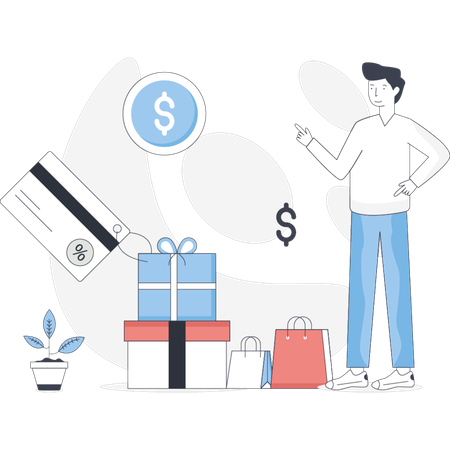 Man stands beside a large pile of gifts and cash smiling as he admires the festive display  Illustration
