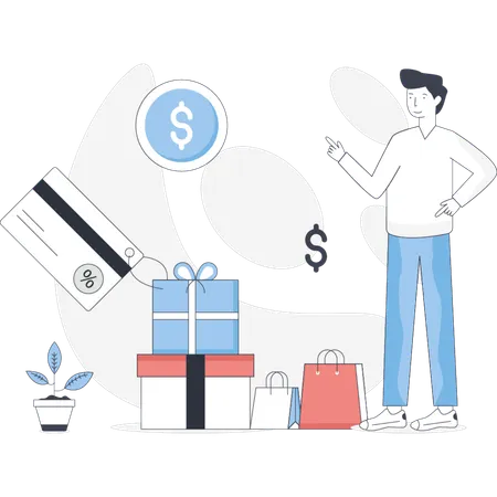 Man stands beside a large pile of gifts and cash smiling as he admires the festive display  Illustration