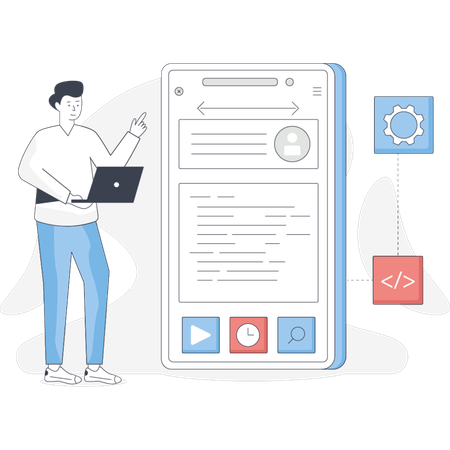 Man stands beside a phone and a laptop engaged in a conversation or work-related task  Illustration