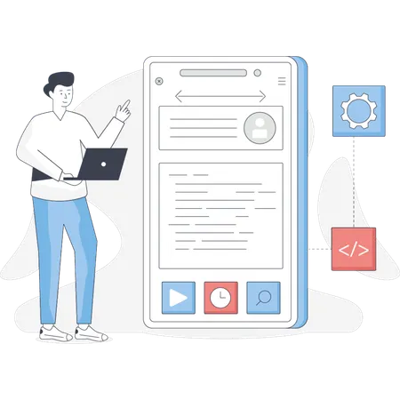 Man stands beside a phone and a laptop engaged in a conversation or work-related task  Illustration