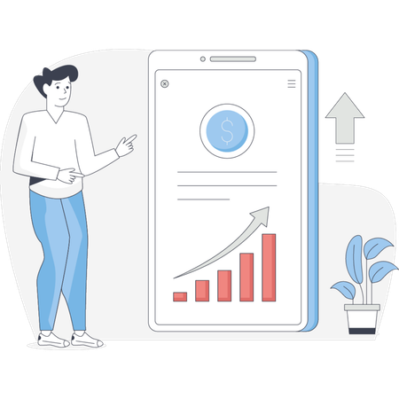 Man stands beside a phone displaying a graph indicating data analysis or performance metrics  Illustration