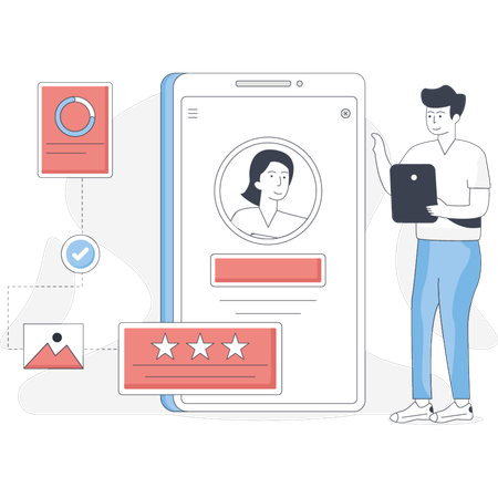 Man stands beside a phone displaying a star rating indicating a review or feedback system  Illustration