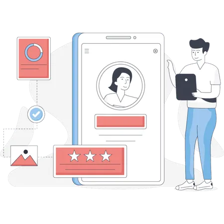 Man stands beside a phone displaying a star rating indicating a review or feedback system  Illustration