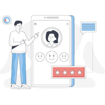 Man stands beside a phone displaying a star rating indicating a review or feedback system  Illustration