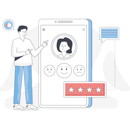 Man stands beside a phone displaying a star rating indicating a review or feedback system  Illustration