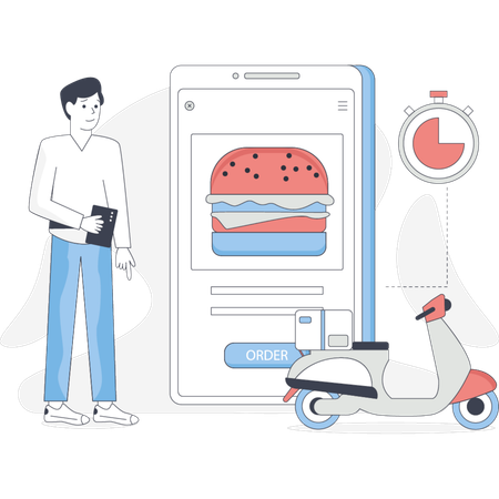 Man stands beside a phone displaying a burger highlighting a casual dining or food delivery theme  Illustration