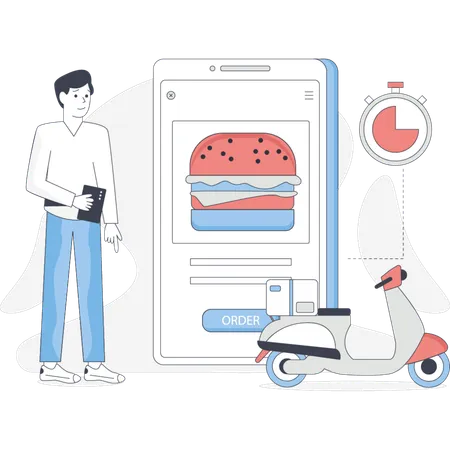 Man stands beside a phone displaying a burger highlighting a casual dining or food delivery theme  Illustration