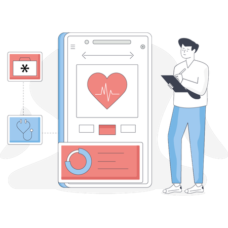 Man stands beside a phone displaying a heart  Illustration