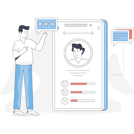 Man stands beside a phone displaying a person on the screen engaged in conversation  Illustration