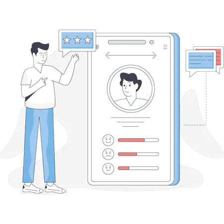 Man stands beside a phone displaying a person on the screen engaged in conversation  Illustration