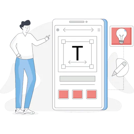Man stands beside a phone displaying the letter "T" prominently on its screen  Illustration