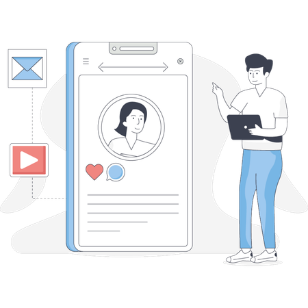 Man stands beside a phone displaying a woman engaged in conversation  Illustration