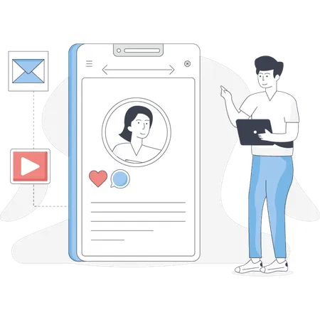 Man stands beside a phone displaying a woman engaged in conversation  Illustration