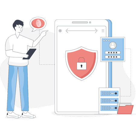 Man stands beside a phone protected by a shield symbolizing security and safety in communication technology  Illustration