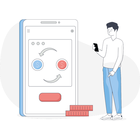 Man stands beside a phone with a coin placed on it highlighting a moment of casual interaction with technology  Illustration