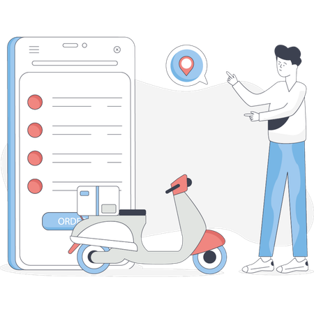 Man stands beside a scooter holding a phone in his hand ready to ride or make a call  Illustration