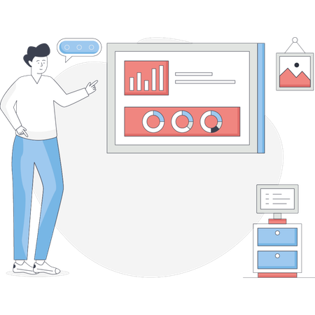 Man stands beside a screen displaying various graphs and charts analyzing data for a presentation  Illustration