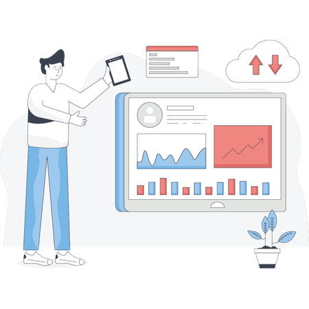 Man stands beside a screen displaying various graphs and charts indicating data analysis or presentation  Illustration