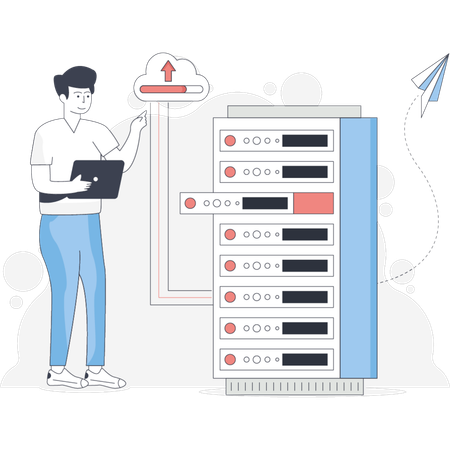 Man stands beside a server rack overseeing the equipment in a data center environment  Illustration