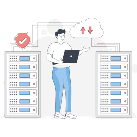 Man stands beside a server working on a laptop focused on his task in a tech environment  Illustration