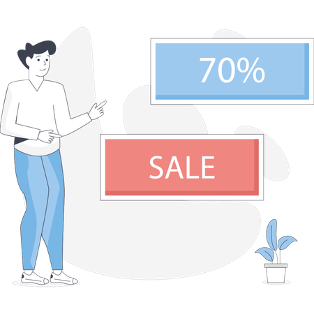 Man stands beside a sign displaying "70% off" in a retail setting promoting a sale  Illustration