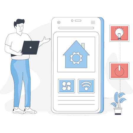 Man stands beside a smartphone displaying a home icon symbolizing connectivity and modern technology  Illustration