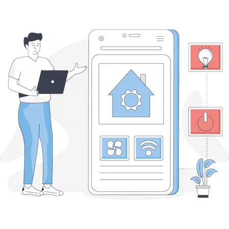 Man stands beside a smartphone displaying a home icon symbolizing connectivity and modern technology  Illustration