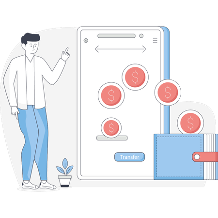Man stands beside a smartphone displaying various app icons on its screen  Illustration