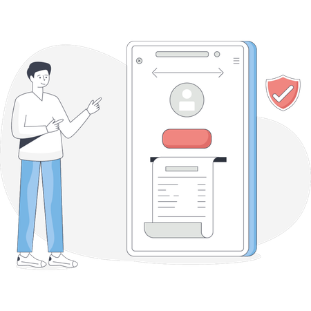 Man stands beside a smartphone holding a paper document engaged in a task involving both devices  Illustration