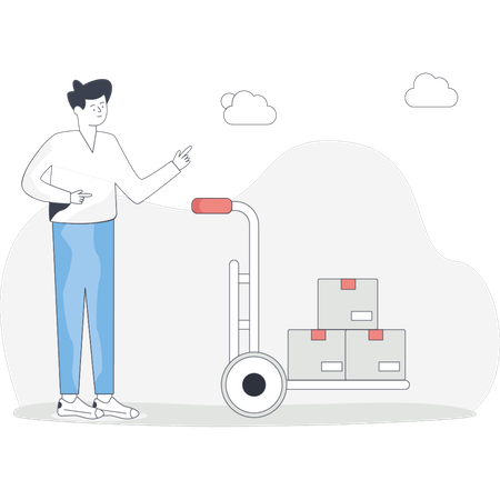 Man stands beside  hand truck loaded with boxes ready to transport them  Illustration