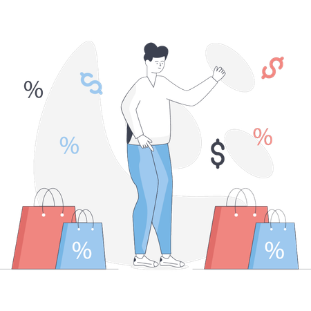 Man stands beside sh opping bags featuring a large percentage sign indicating a sale or discount  Illustration