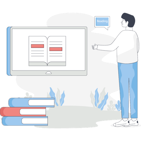 Man stands in front of a book and a screen appearing engaged in reading or presenting information  Illustration