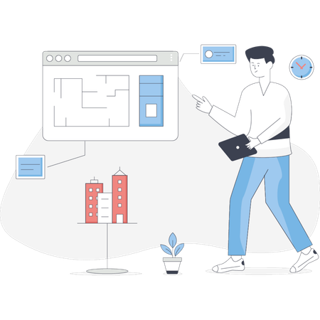 詳細な地図を表示しているコンピューターの前に立っている男性  イラスト