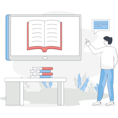Man stands in front of a physical book and a screen displaying the same book  Illustration