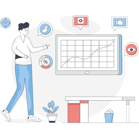 Man stands in front of a screen displaying a chart analyzing data and trends  Illustration
