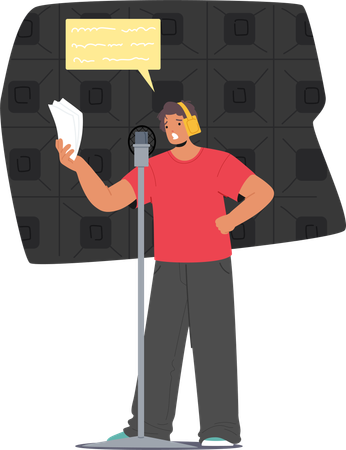 Man Stands In Front Of  Microphone In Recording Booth  Illustration