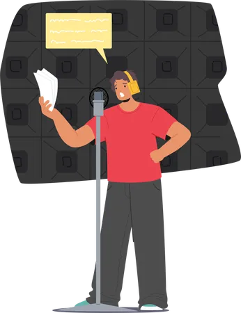 Man Stands In Front Of  Microphone In Recording Booth  Illustration