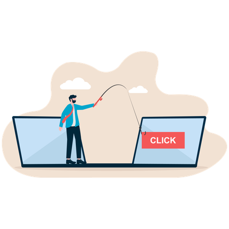 Man stands in front of monitor screen that says click here  Illustration