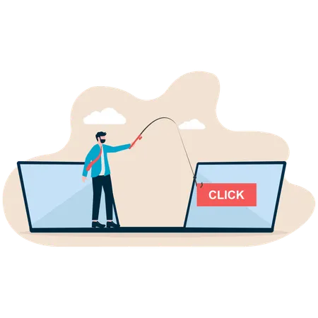 Man stands in front of monitor screen that says click here  Illustration